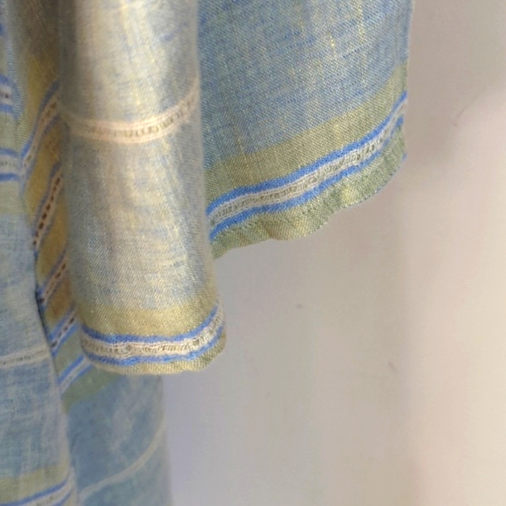 Flax Linen V Neck Striped Green Blue Dress L - Picture 7 of 14
